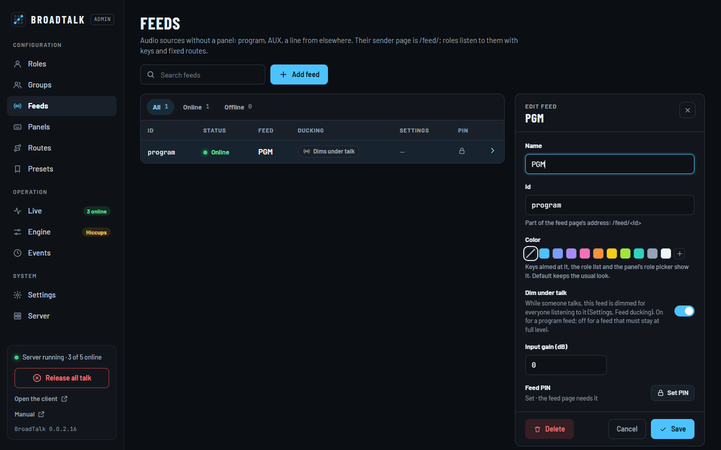 A Feeds oldal és a feed szerkesztője