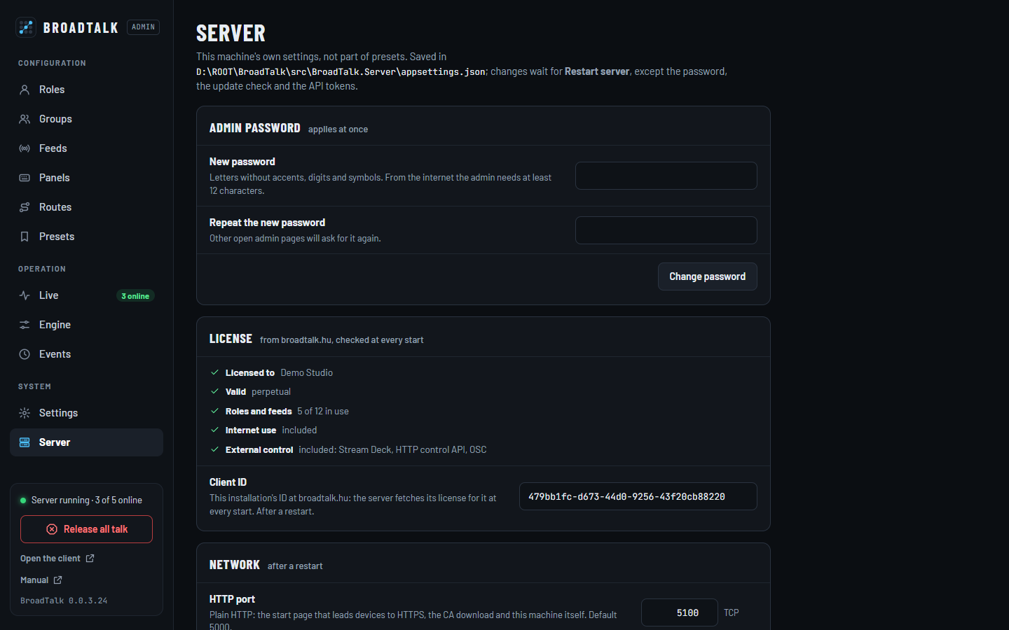 A Server oldal: admin jelszó és hálózat